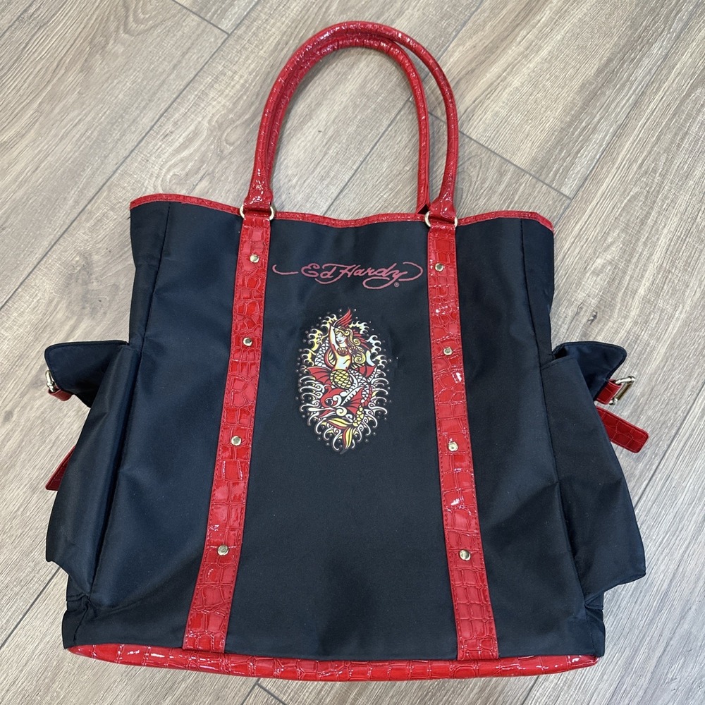 Vintage Ed Hardy Mermaid Graphic Black Nylon Tote Bag Red Patent Accents Y2k
